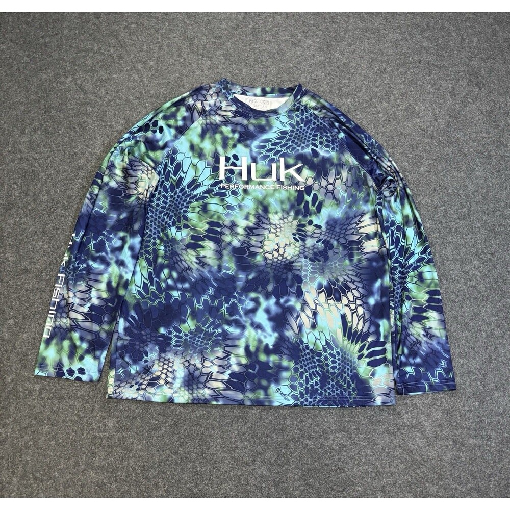 Huk Shirt Men's Sz Large Performance Fishing Blue Marine Pattern Long Sleeve
